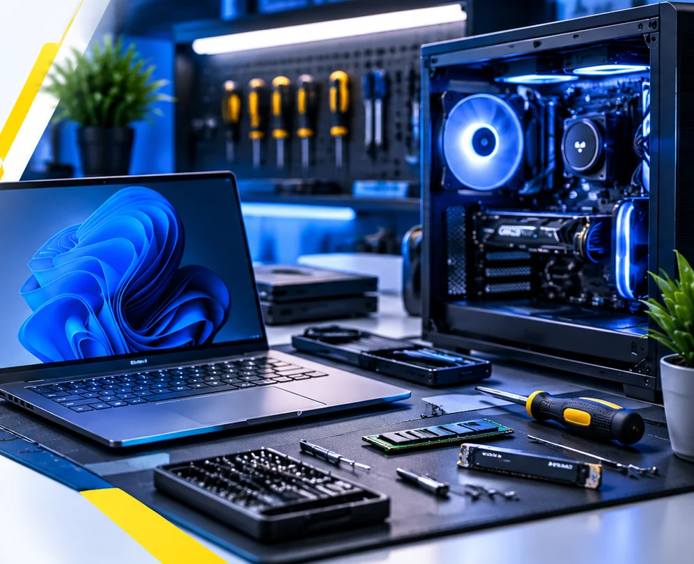 Laptop and desktop computer at a technical service workbench