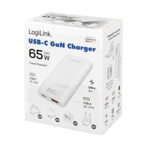 PA0376 USB DUAL GAN TRAVEL CHARGER, 65W 1xUSB-A (QC), 1xUSB-C (PD) WHITE, LOGILINK
