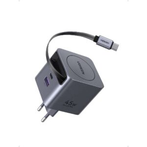 65822/X614 EU GaN FAST USB CHARGER 45W W/RETRACTABLE CABLE USB-C, PD 2-Port USB-A&USB-C GREY UGREEN