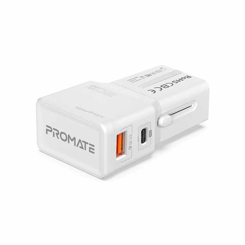 TRIPLUG-PD20.WHITE UNIVERSAL TRAVEL ADAPTER 20W, QUICK CHARGE 3.0 WHITE PROMATE
