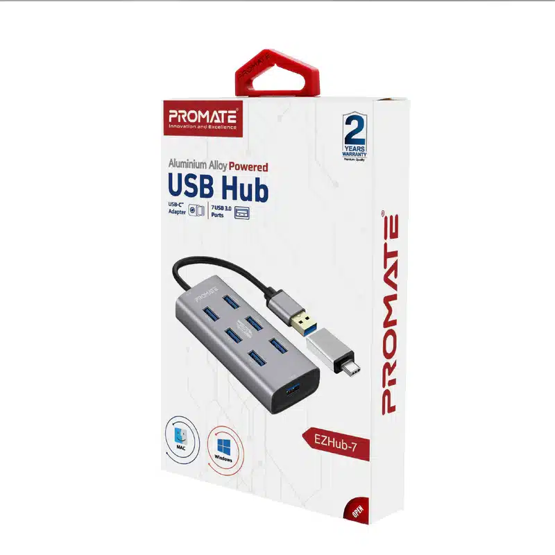 EZHUB-7 USB 7-PORT HUB3.0 & USB-C DATA & CHARGE, ALUMINIUM ALLOY PROMATE