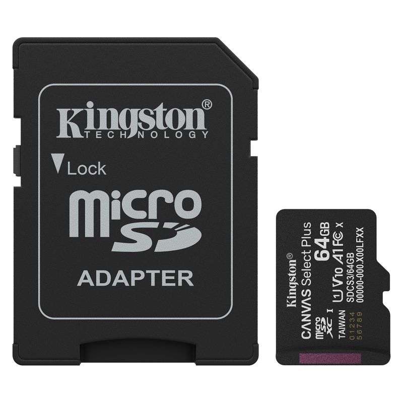 FLASH CARD MICRO-SDCS3 64GB 100MB/s + ADAPTER CLASS 10 CANVAS SELECT PLUS KINGSTON