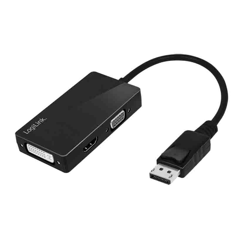 CV0109 DISPLAYPORT ADAPTER, DP/M to HDMI-A+DVI+VGA, 4K/30 Hz, BLACK, 0.1 m LOGILINK