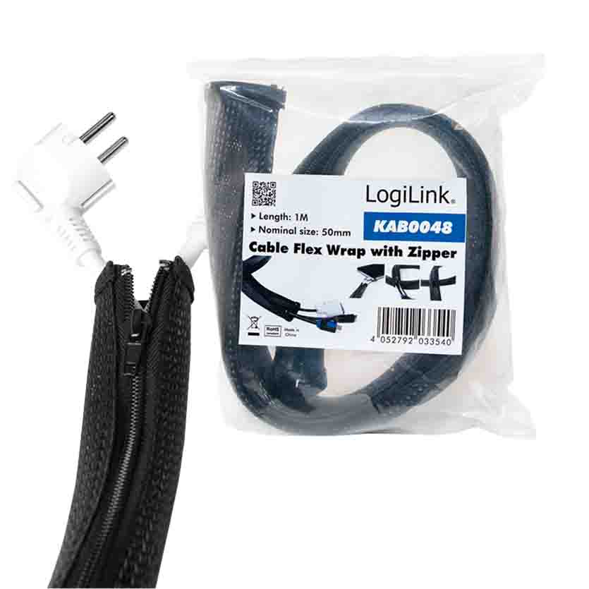 KAB0048 1m CABLE SLEEVE (ZIPPER), POLYESTER, OD:50mm, BLACK, LOGILINK