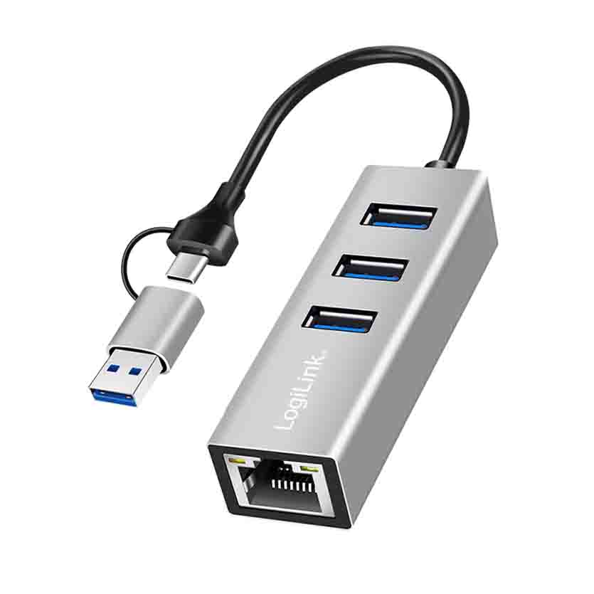 UA0440 HUB 3.2 GEN1 3xUSB-A, 1xRJ45 2-in-1 CONNECTION CABLE SILVER,  LOGILINK
