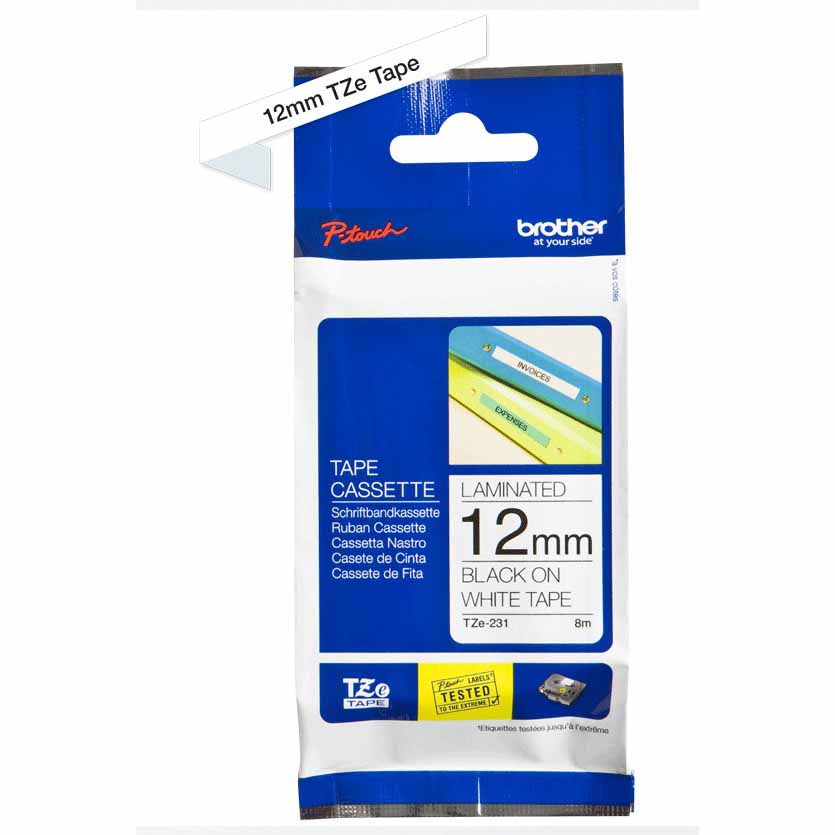 TZE231 12mm/8M FLEXIBLE TAPE ROLL BLACK/WHITE BROTHER