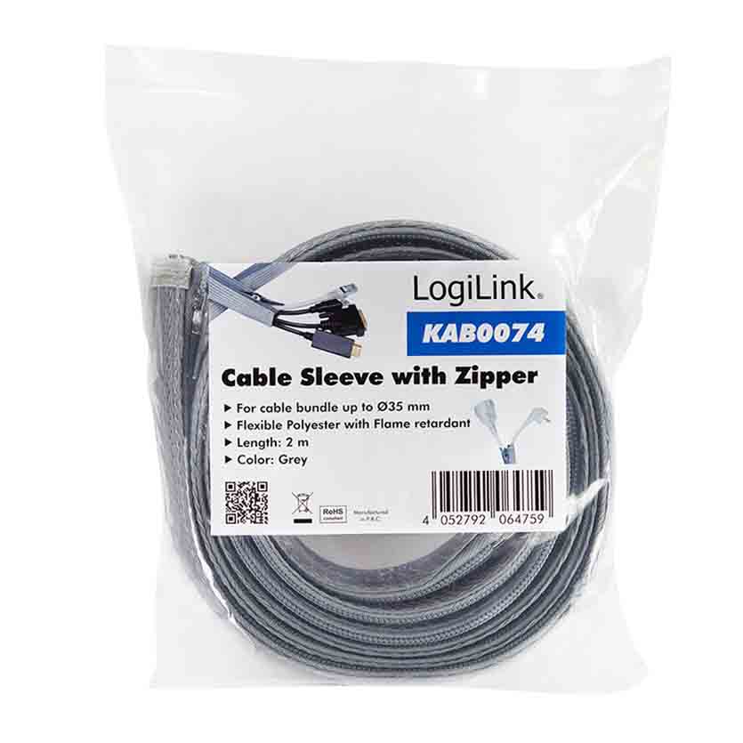 KAB0074 2m CABLE SLEEVE WITH ZIPPER, POLYESTER 35mm GREY, LOGILINK
