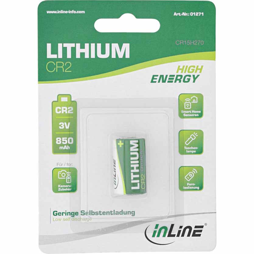 01271 CR2 3V BATTERY LITHIUM HIGH ENERGY PHOTO 850mAh INLINE