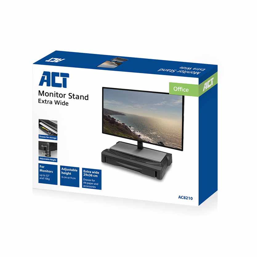 AC8210 MONITOR STAND EXTRA WIDE W/ONE DRAWER ADJUSTABLE 6 OR 9cm BLACK ACT
