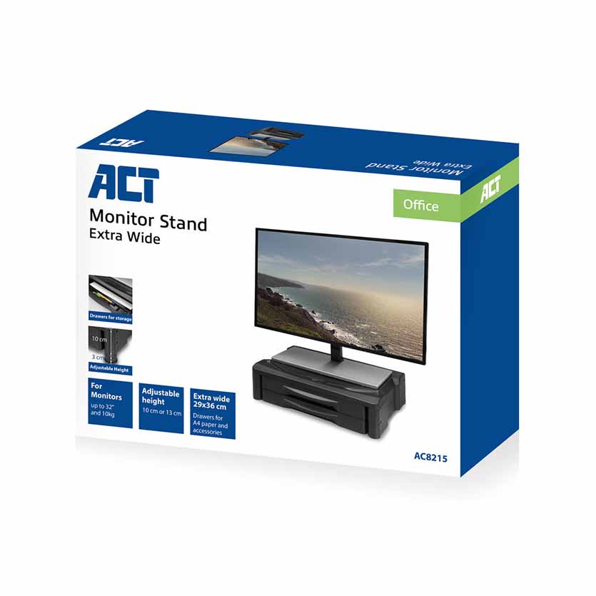 AC8215 MONITOR STAND EXTRA WIDE W/TWO DRAWER ADJUSTABLE 10 OR 13cm BLACK ACT