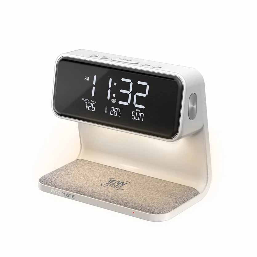 LUMIX-15 MULTIFUNCTION LED ALARM CLOCK W/15W WIRELESS CHARGER, WHITE PROMATE