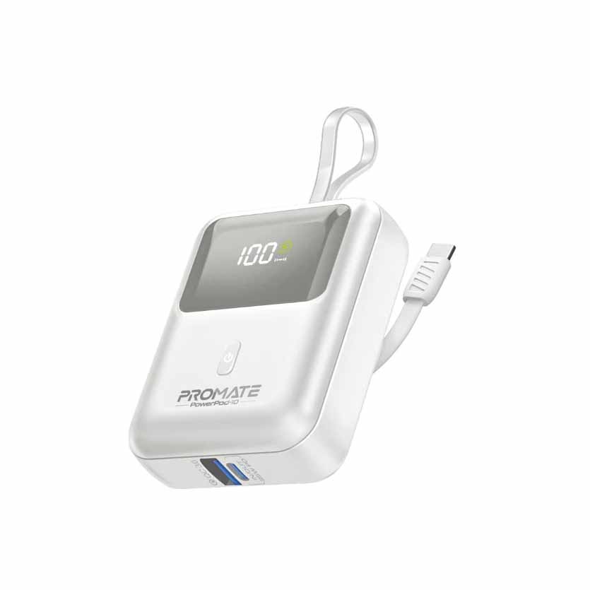 POWERPOD-10.WHITE 10000mAh COMPACT POWERBANK 35W W/BUILT-IN USB-C CABLE PROMATE