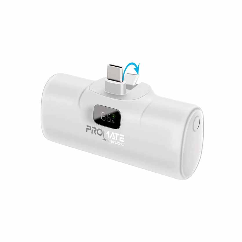 POWERUP-C.WHITE 5000mAh COMPACT POWERBANK 20W W/BUILT-IN USB-C CONNECTOR PROMATE