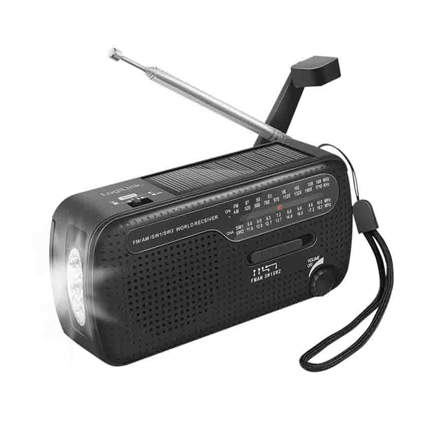 SP0074 DYNAMO HAND CRANK RADIO W/SOLAR PANEL,LED SOS TORCH,BLACK LOGILINK