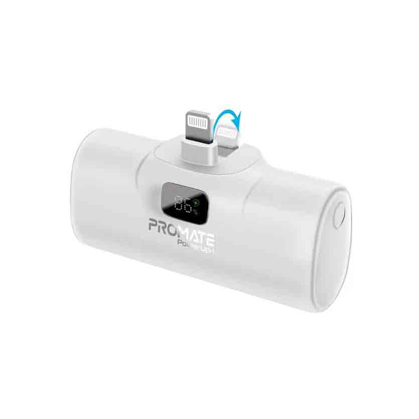 POWERUP-I.WHITE 5000mAh COMPACT FAST POWERBANK W/BUILT-IN LIGHTNING CONNECTOR PROMATE
