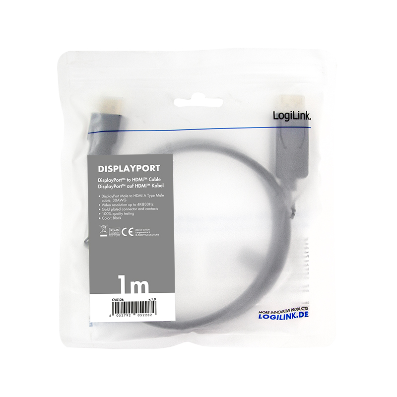 CV0126 1m DISPLAY PORT 1.2 TO HDMI 1,4 M/M LOGILINK